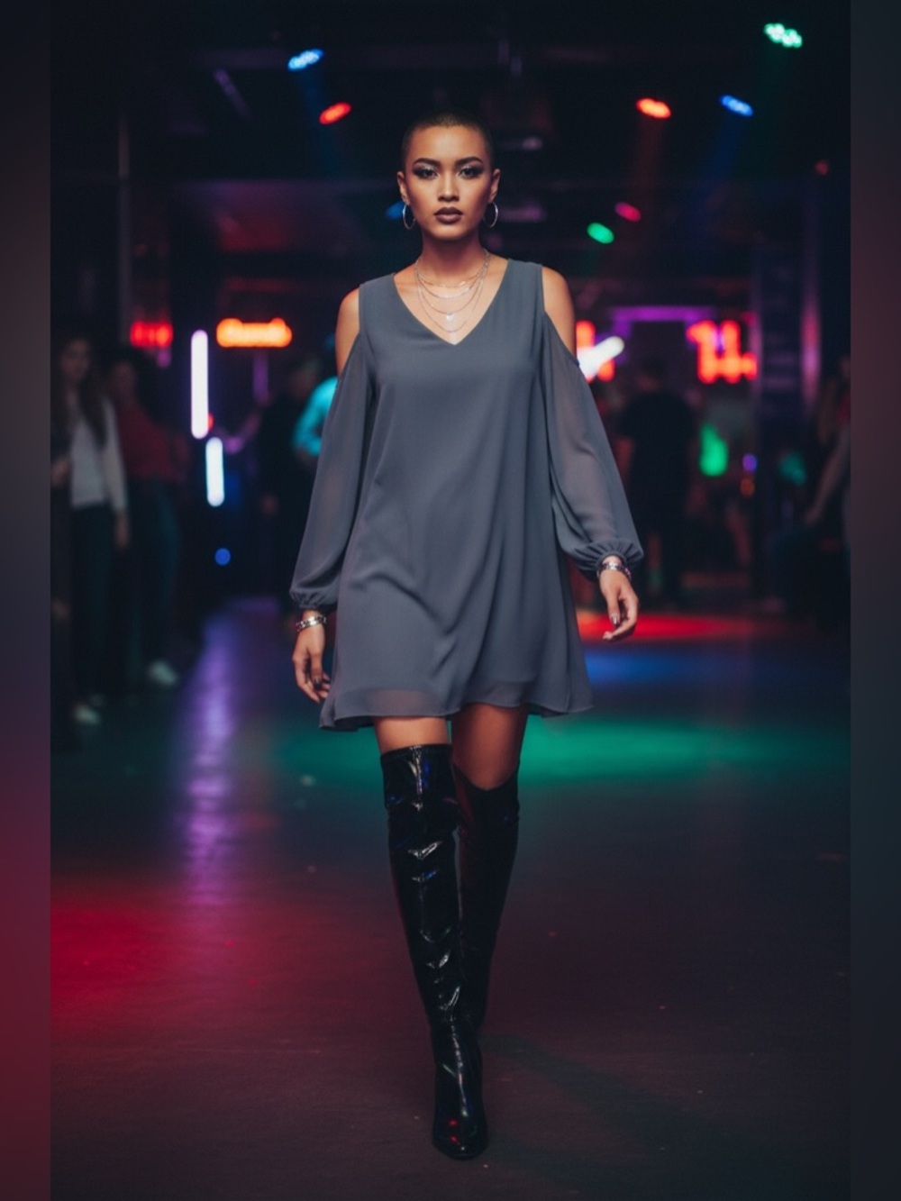 Tash and Sophie Cold-Shoulder V-Neck Mini Dress in Black - Picture 1 of 6